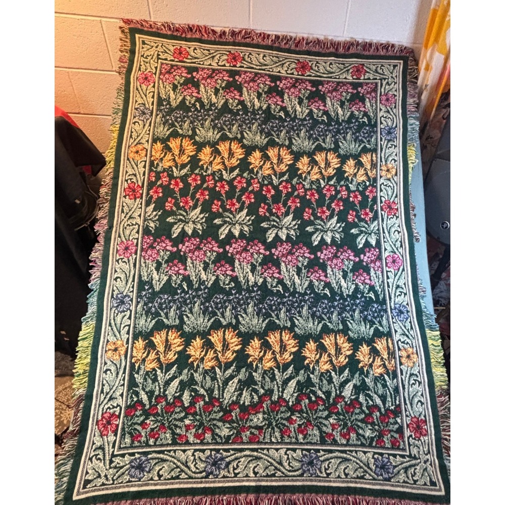 VTG Woven Floral Tapestry Throw Blanket Green Pink Fringed Cottagecore 90s